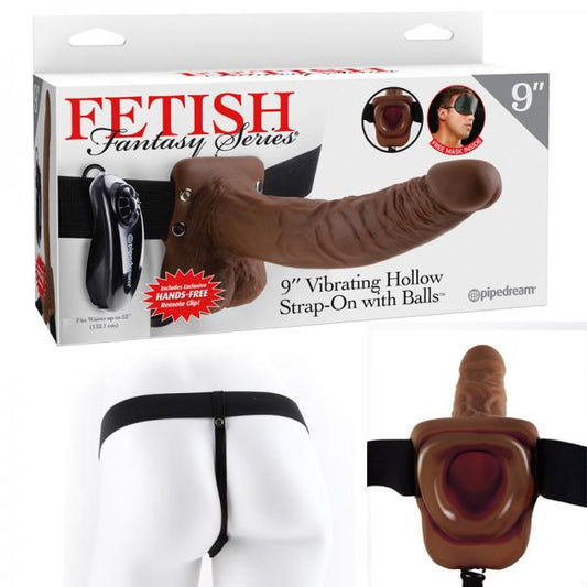 Fetish Fantasy 9in Vibrating Hollow Strap-on With Balls Brown